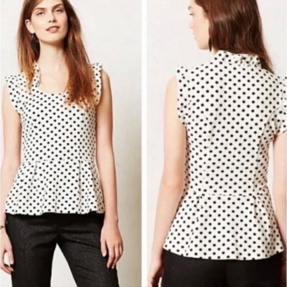 Anthropologie 9-H15 STCL women’s white and black polka dot peplum top blouse